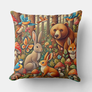 Vibrant Forest Scene Featuring Wildlife Cushion