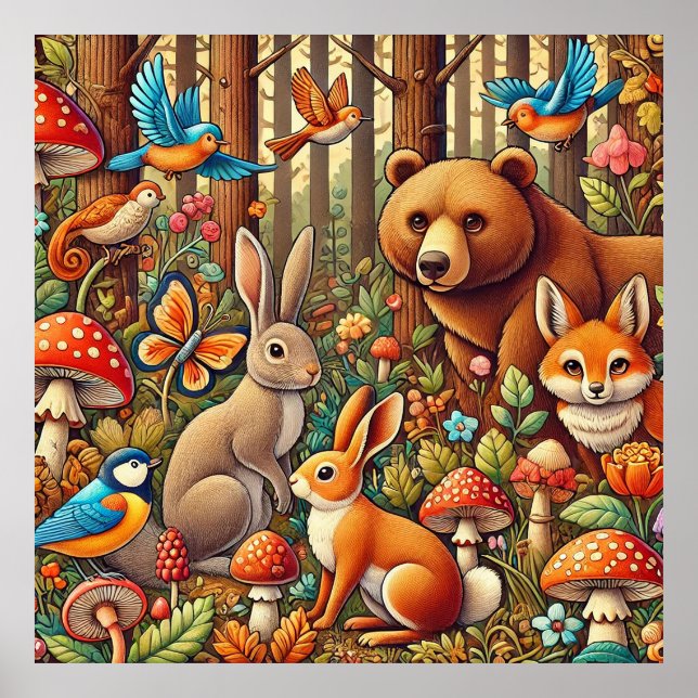 Vibrant Forest Scene Featuring Wildlife Poster (Front)