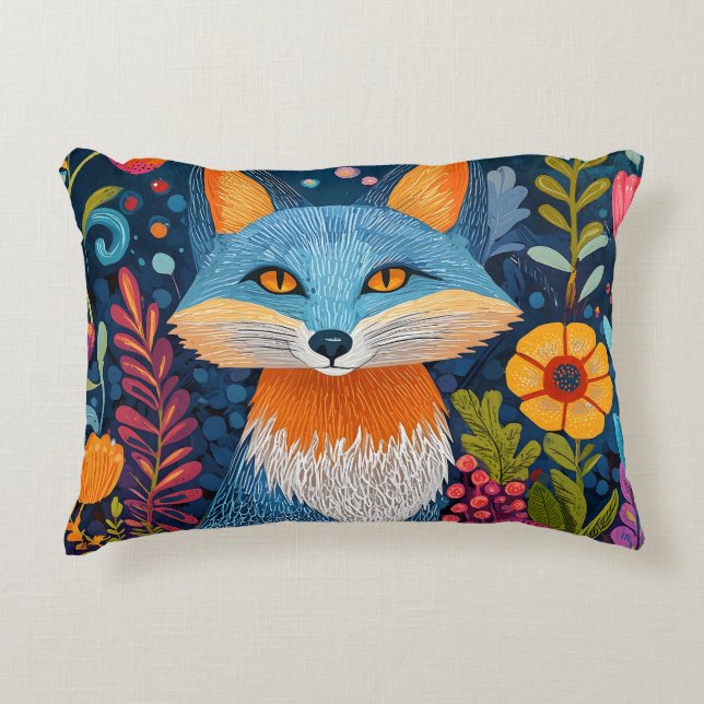 Vibrant Fox Dot Art Amidst Lush Flora Decorative Cushion (Front)