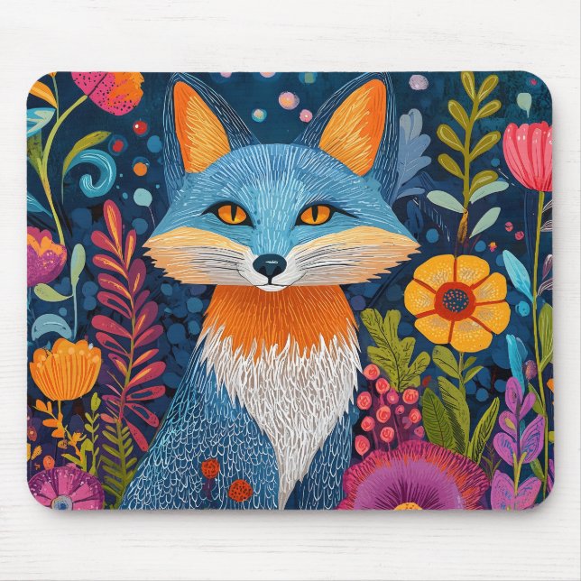 Vibrant Fox Dot Art Amidst Lush Flora Mouse Mat (Front)