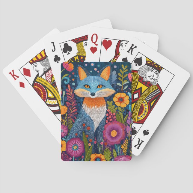 Vibrant Fox Dot Art Amidst Lush Flora Playing Cards (Back)