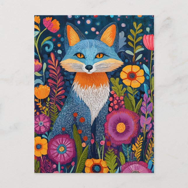 Vibrant Fox Dot Art Amidst Lush Flora Postcard (Front)