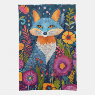 Vibrant Fox Dot Art Amidst Lush Flora Tea Towel