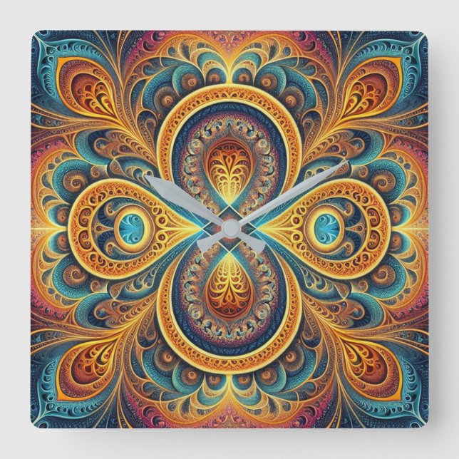 Vibrant Fractal Art Square Wall Clock (Front)