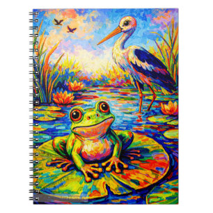 Vibrant Frog and Heron Lily Pond Art Notebook