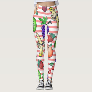 Vibrant Fruit Cocktail Illustrations on Stripes Leggings