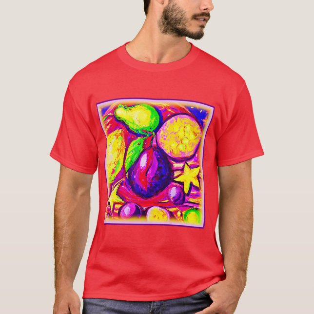 Vibrant Fruits and Stars. Buy Now T-Shirt (Front)