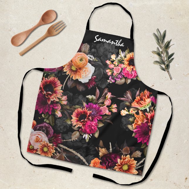 Vibrant Fuchsia Orange Floral Monogram Gift Apron (Creator Uploaded)