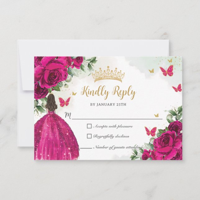 Vibrant Fuchsia Pink Floral Princess Quinceañera RSVP Card (Front)