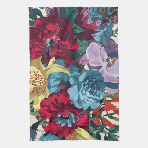 Vibrant garden blooms colourful vintage flowers tea towel