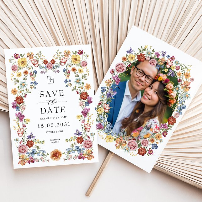 Vibrant Garden Floral Colourful Wildflower Monogra Save The Date (Creator Uploaded)