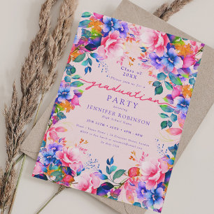 Vibrant Garden Floral Graduation Party Blush Pink Invitation