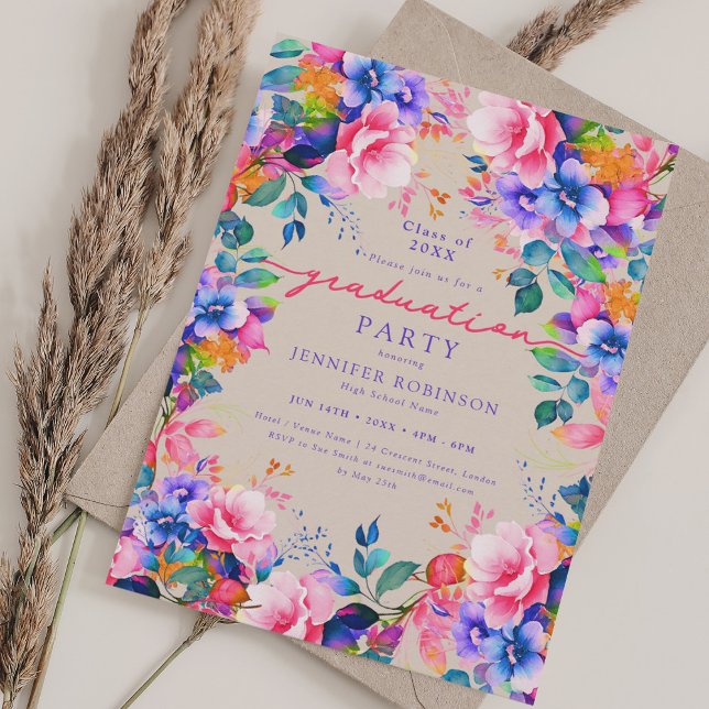 Vibrant Garden Floral Graduation Party Champagne Invitation (Vibrant Garden Floral Graduation Party Champagne Invitation)