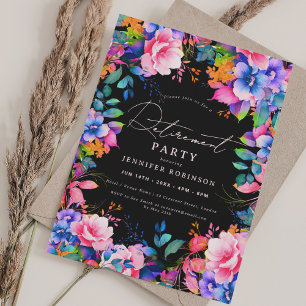 Vibrant Garden Floral Retirement Party Black Invitation
