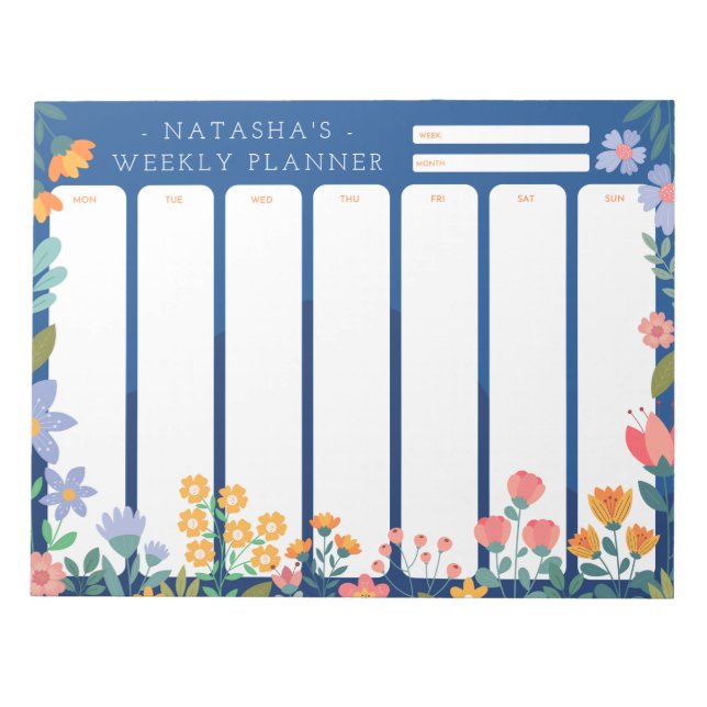 Vibrant Garden Floral Weekly Planner Notepad Blue (Front)