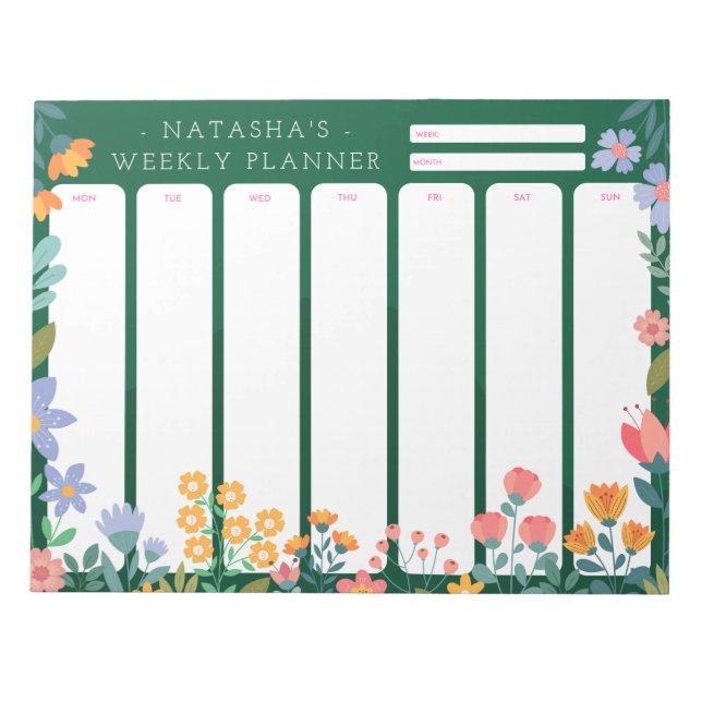 Vibrant Garden Floral Weekly Planner Notepad Green (Front)