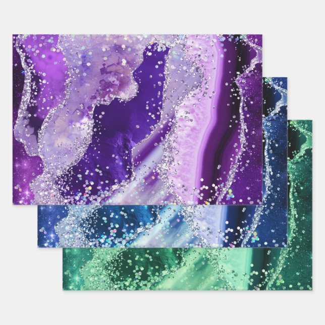 Vibrant Gemstone Marble Agate Patterns Wrapping Paper Sheet (Set)
