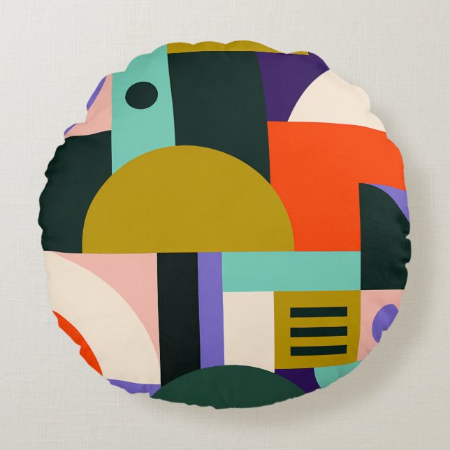 Vibrant Geometric Abstract Art with Bold Colours Round Cushion (Front)