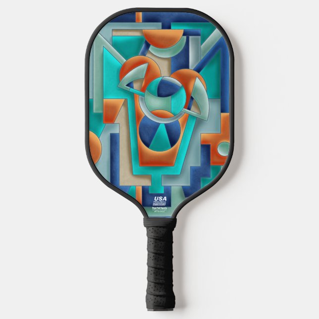 Vibrant Geometric Abstract in Orange and Teal Pickleball Paddle (Front)