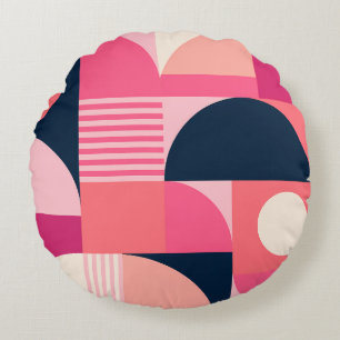 Vibrant Geometric Abstract Pattern with Pink Navy Round Cushion