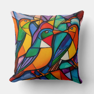Vibrant Geometric Birds Artwork in Contemporary Cushion
