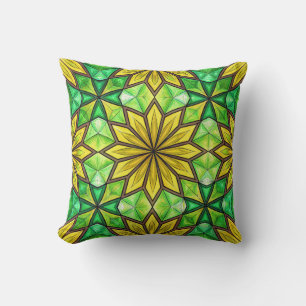 vibrant geometric floral pattern in green & yellow cushion