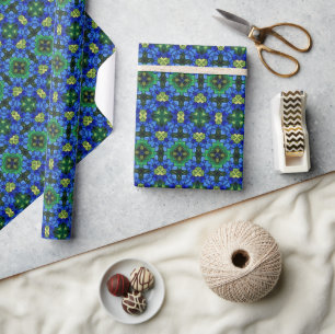 Vibrant Geometric Green, Blue Floral Stained Glass Wrapping Paper
