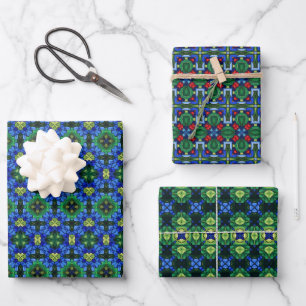 Vibrant Geometric Green, Blue Floral Stained Glass Wrapping Paper Sheet