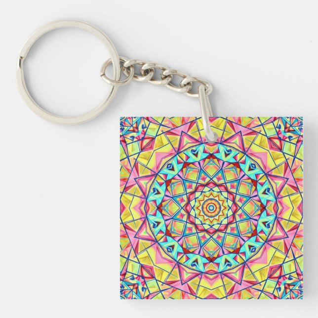 Vibrant Geometric Kaleidoscope Pattern Key Ring (Front)