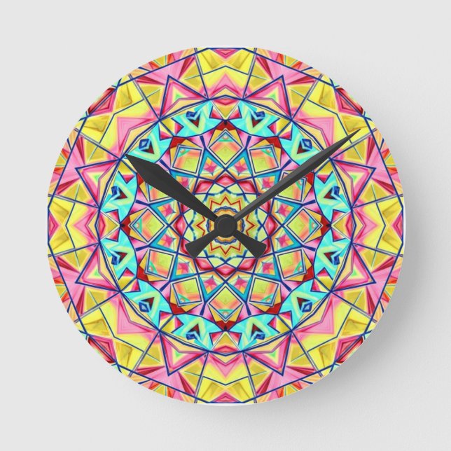 Vibrant Geometric Kaleidoscope Pattern Round Clock (Front)