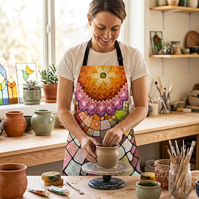Vibrant Geometric Mandala Mosaic Stained Glass Apron (Artistic retro mandala floral kaleidoscope apron - great for anyone who like to cook or is an artist)