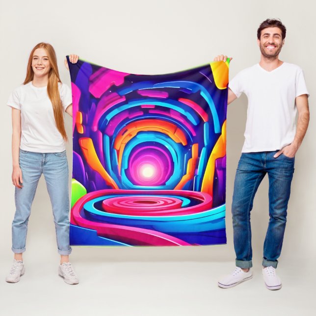 Vibrant Geometric Neon Art Tunnel Design Fleece Blanket (In Situ)