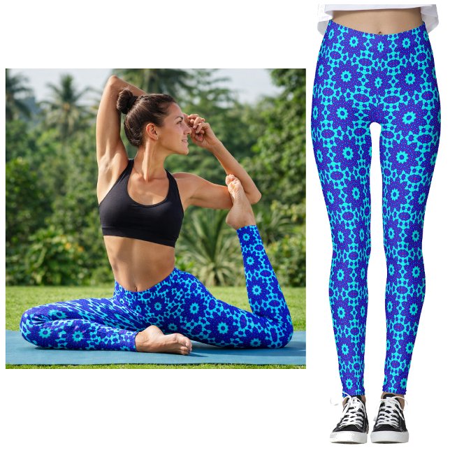 Vibrant Geometric Pattern Blue Floral Kaleidoscope Leggings (Creator Uploaded)
