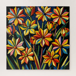 Vibrant Geometric Rainbow Flower Bouquet Jigsaw Puzzle