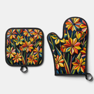 Vibrant Geometric Rainbow Flower Bouquet Oven Mitt & Pot Holder Set