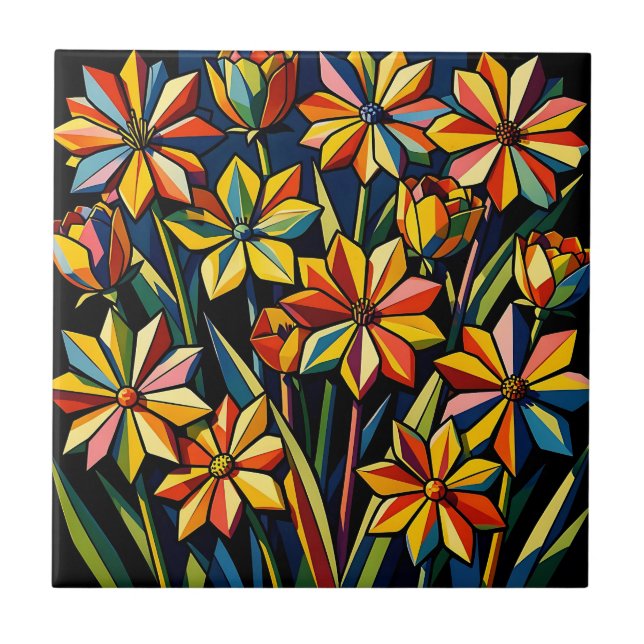 Vibrant Geometric Rainbow Flower Bouquet Tile (Front)