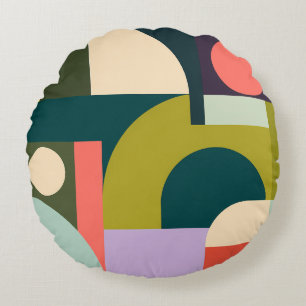 Vibrant Geometric Shapes in Yellow, Black Art Round Cushion