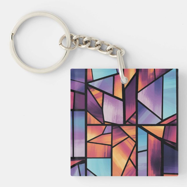 Vibrant Geometric Stained Glass Art Key Ring (Front)