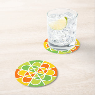 Vibrant Geometric Sunburst Abstract Art Round Paper Coaster