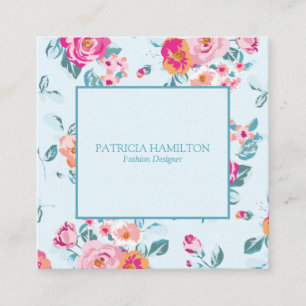 Vibrant Girly Pink Floral Pattern On Mint Square Business Card
