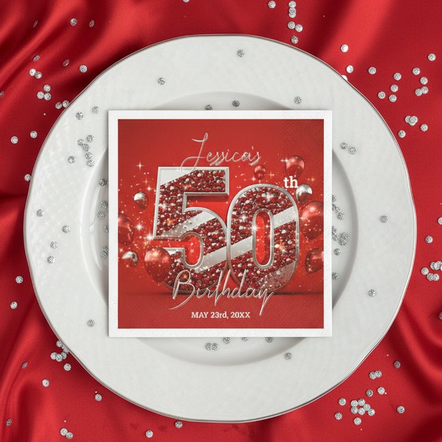 Vibrant Glittery Ruby Red and Silver 50th Birthday Napkin (Creator Uploaded)