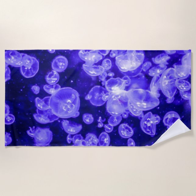 Vibrant Glowing Nautical Jellyfish Swarm Beach Towel (Front)