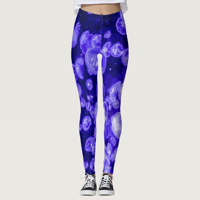 Vibrant Glowing Nautical Jellyfish Swarm Leggings (Front)