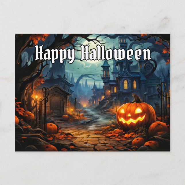 Vibrant Glowing Spooky Pumpkin Happy Halloween Postcard (Front)