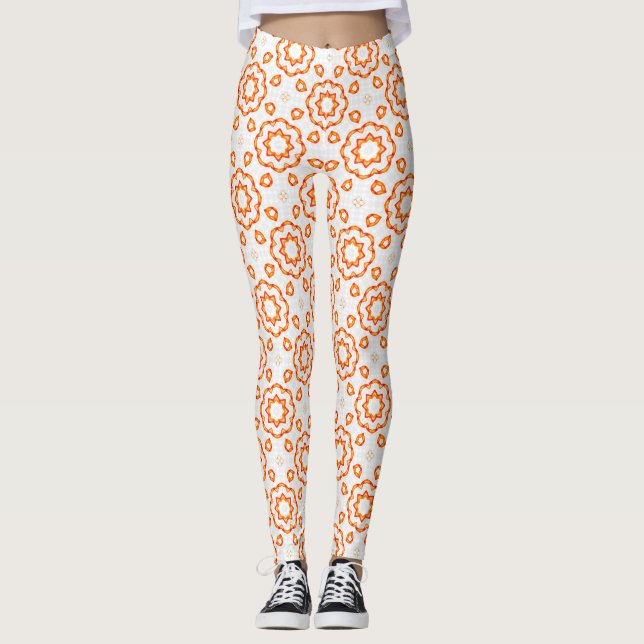 Vibrant Golden Orange Geometric Floral Leggings (Front)