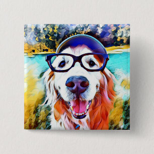 Vibrant Golden Retriever Nerd Glasses Painting 15 Cm Square Badge