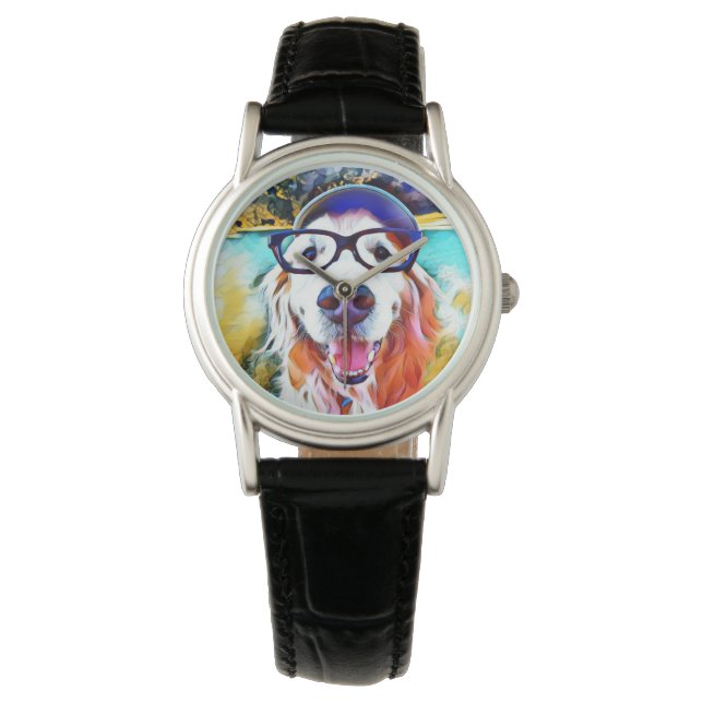 Vibrant Golden Retriever Nerd Glasses Painting Watch (Front)