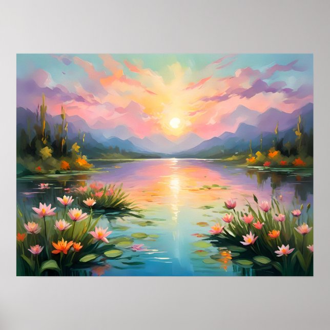 Vibrant Golden Sunset Over Tranquil Lake Poster (Front)