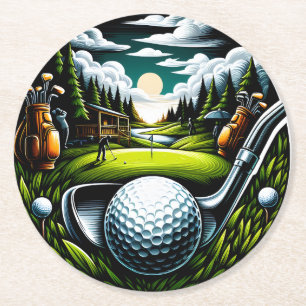 Vibrant Golf Landscape with Clubs and Balls Round Paper Coaster