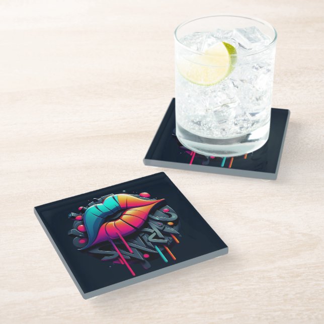 Vibrant Graffiti-Style Colourful Lips Glass Coaster (Angled)